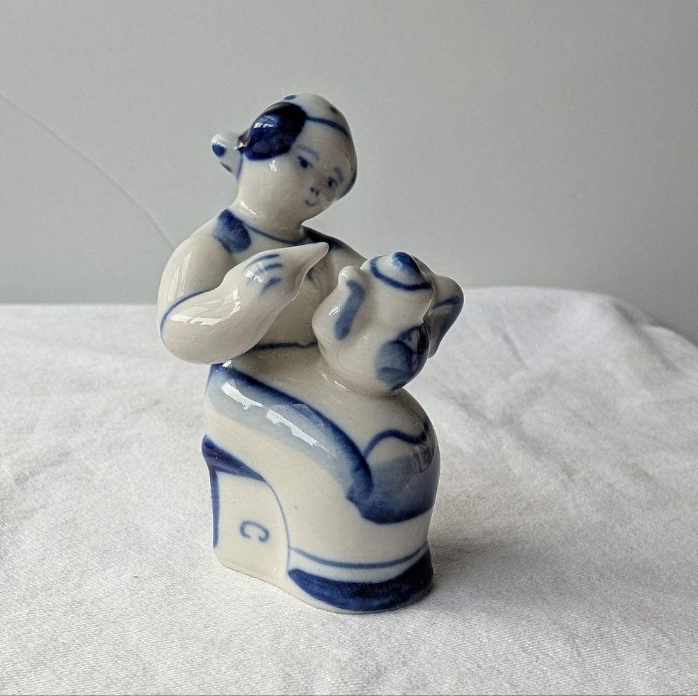 Russian Gzhel Pottery Porcelain Woman Handpainting Pottery Figurine Discontinued